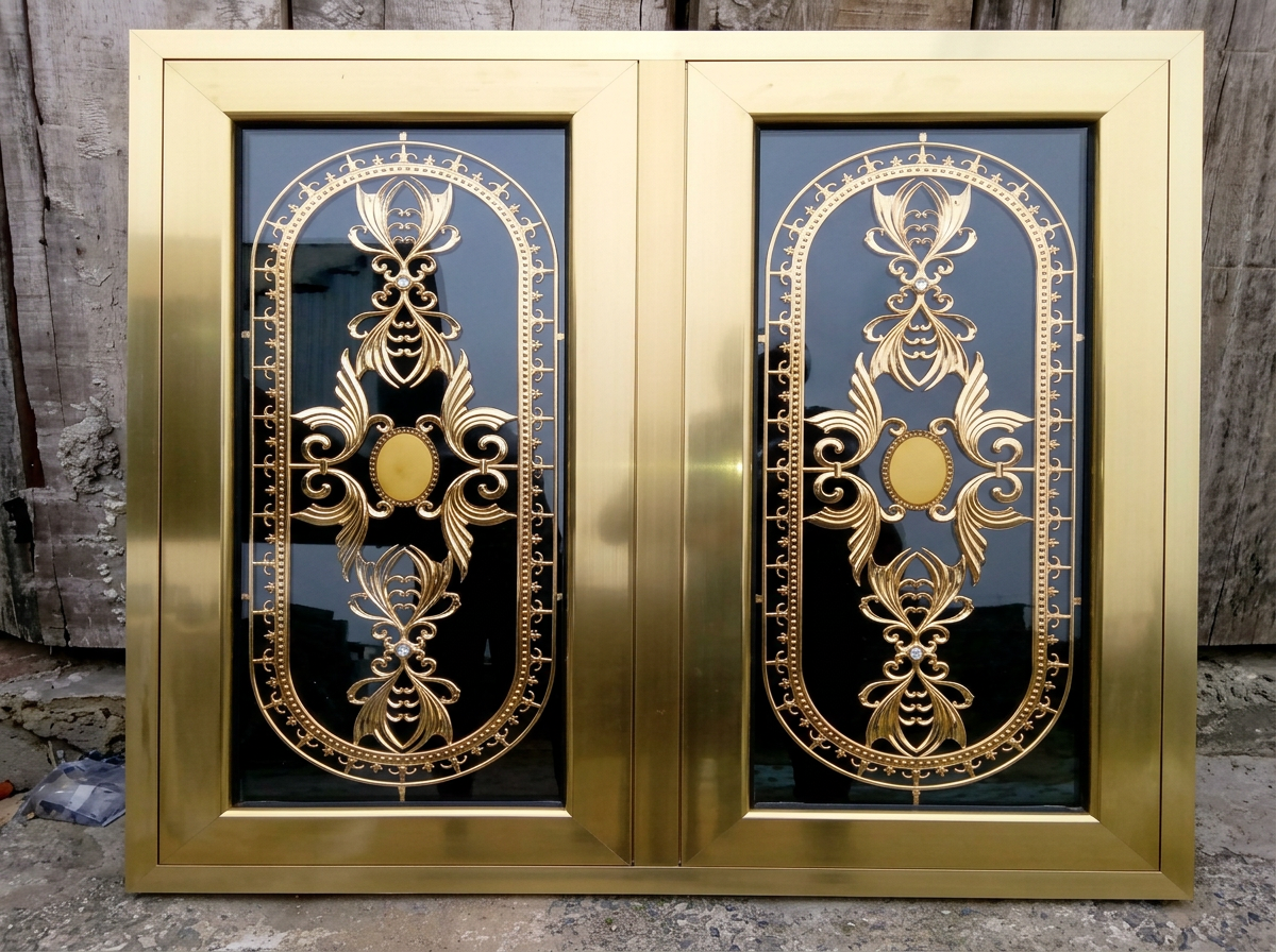 Decorative gold aluminum entrance doors with ornamental glass