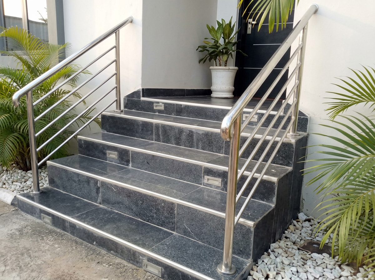 Stainless steel handrail on exterior staircase