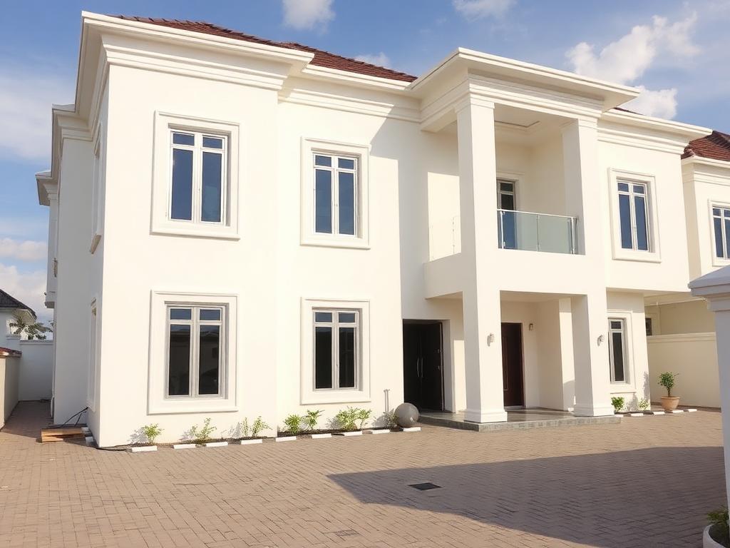 Completed modern duplex with aluminum windows and paved driveway