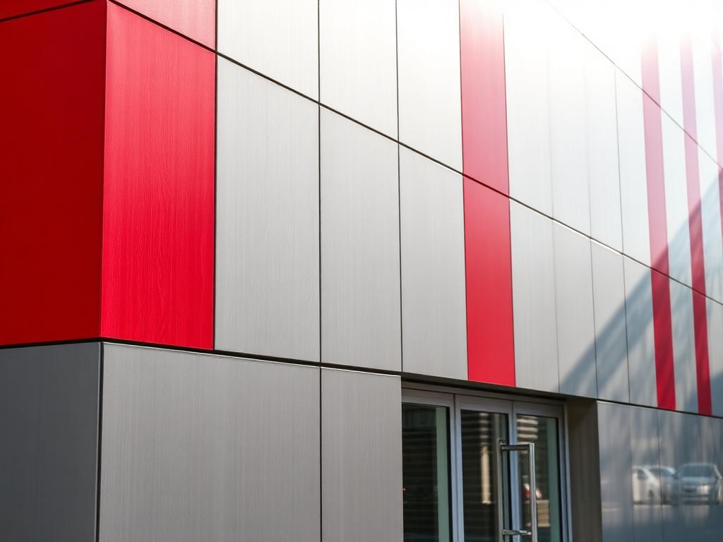 Red and silver ACP cladding feature wall at a building entrance