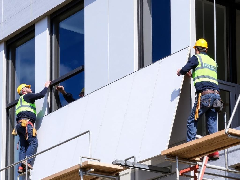 Installers fixing aluminum composite cladding panels on a façade