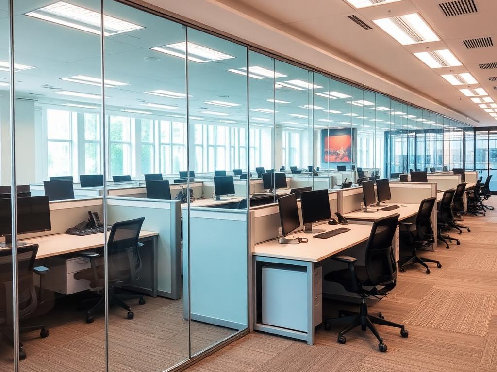 Open-plan office with glass and aluminum partition walls