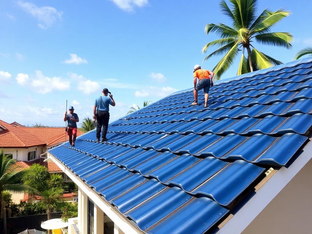 Step-tile aluminum roofing sheets being installed by our roofing team