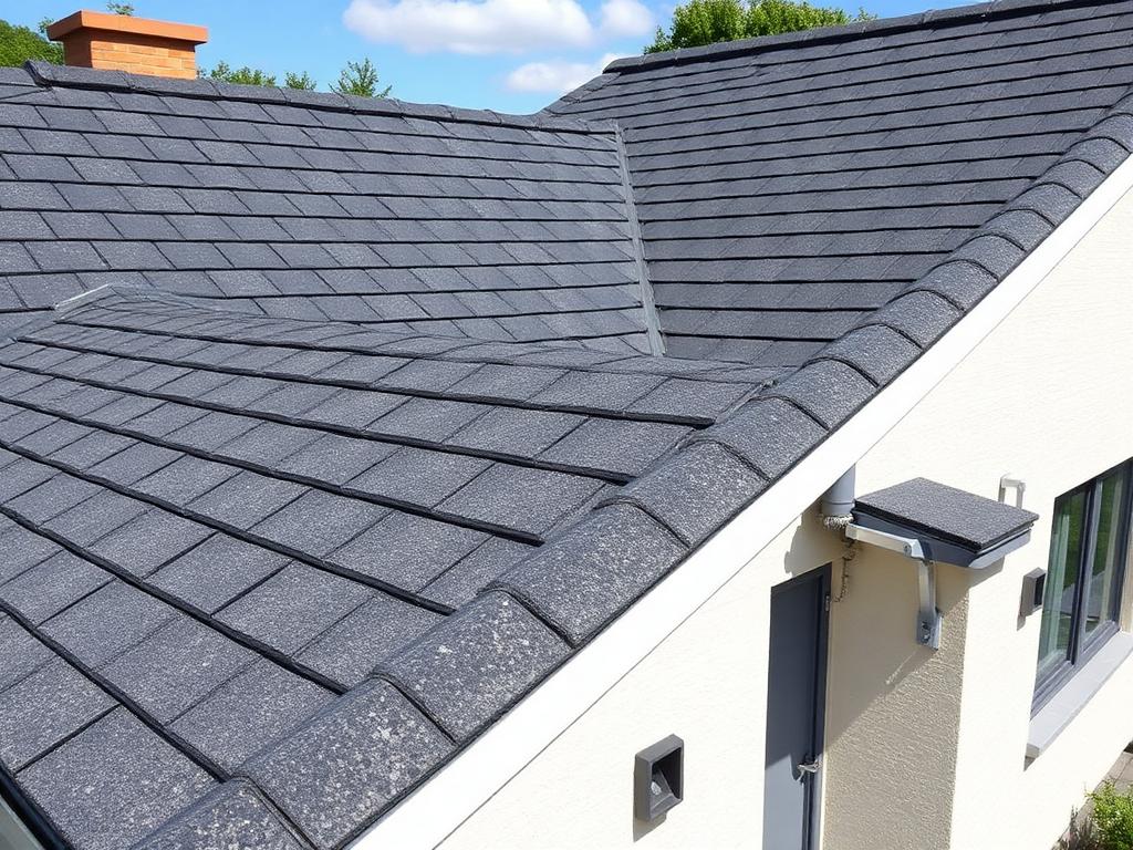 Charcoal bond stone coated roof tiles on a modern duplex