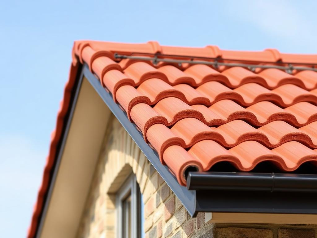 Close-up of terracotta stone coated roof tiles and ridge cap